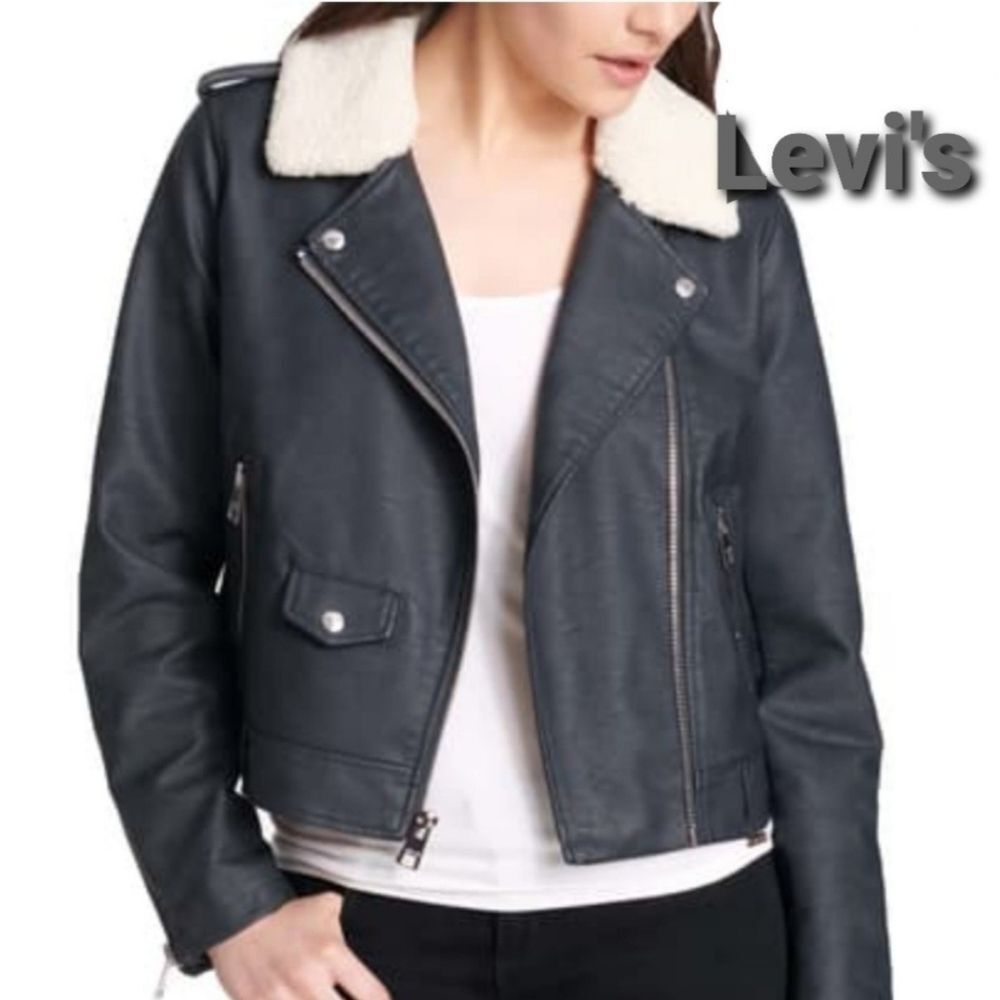 New Levi's $120 MSRP Faux Leather Navy Blue Sherpa Collar Moto Jacket - Picture 5 of 9